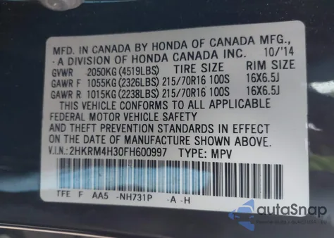 2015 Honda Cr-V Lx from USA, damaged, VIN 2HKRM4H30FH600997